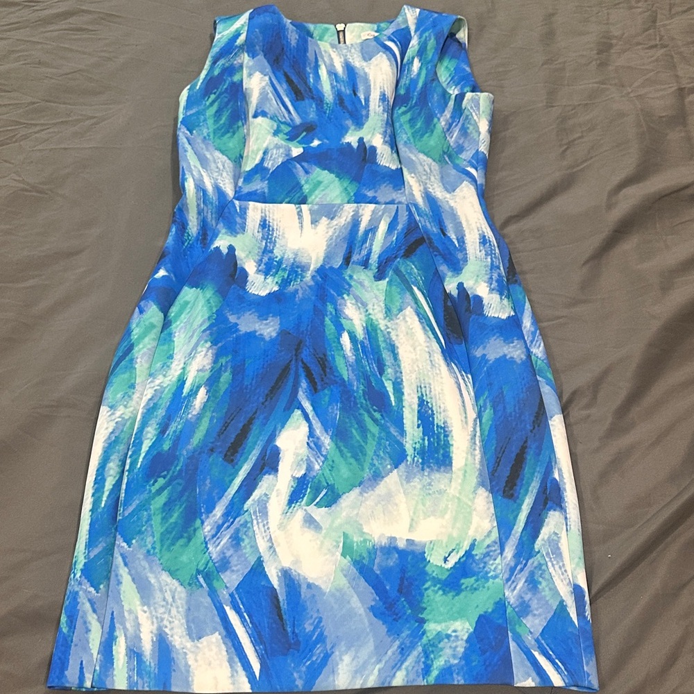 Calvin Klein Collection One Shoulder Dress in Blue and Green Abstract